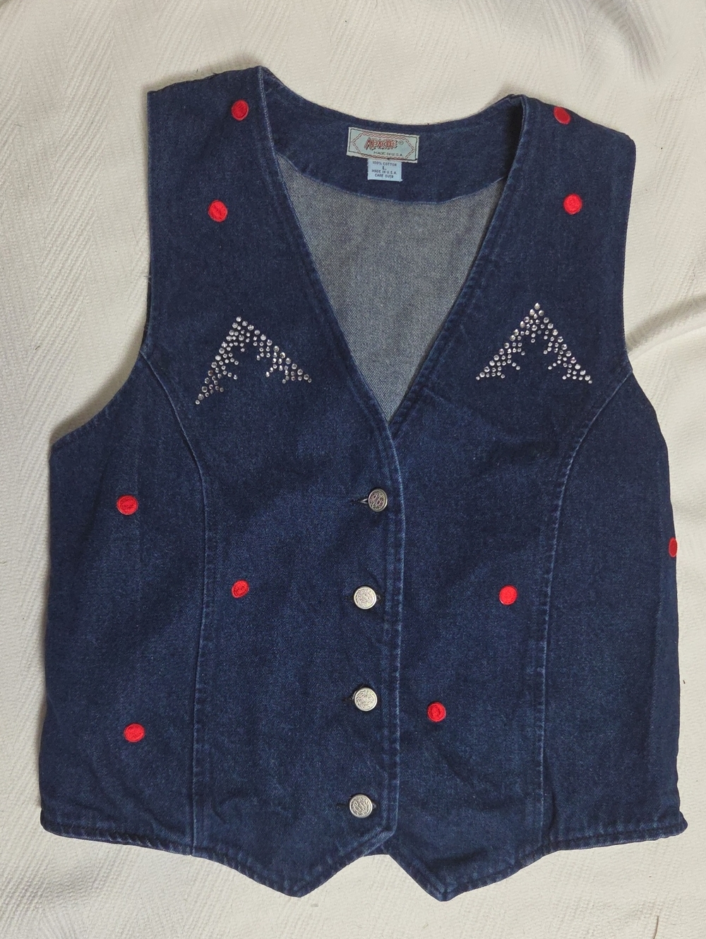 Vintage Apache USA Western Denim Vest Rhinestone Polka Dot Button Front L